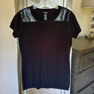 Doncaster wool cashmere sweater shiny panel black short sleeve top faux leather